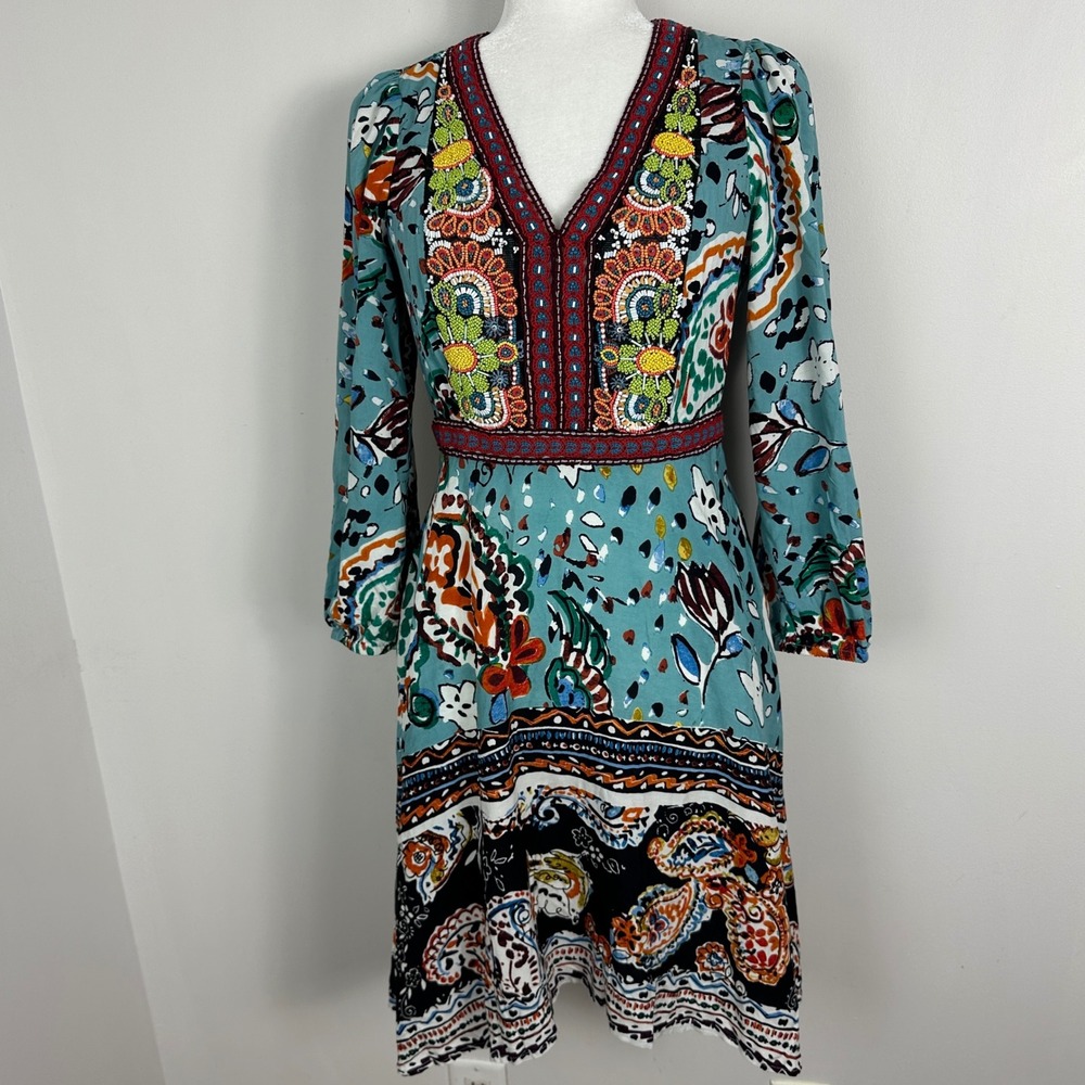 Anthropologie Beaded Embroidered V-Neck Long Sleeve Mini Dress Size 4 P Petite
